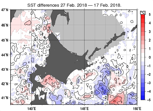 北海道周辺海域の10日間の海面水温変化量分布図（2月27日）