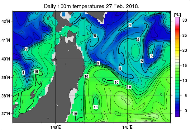 東北周辺海域の深さ100mの水温分布図（2月27日）