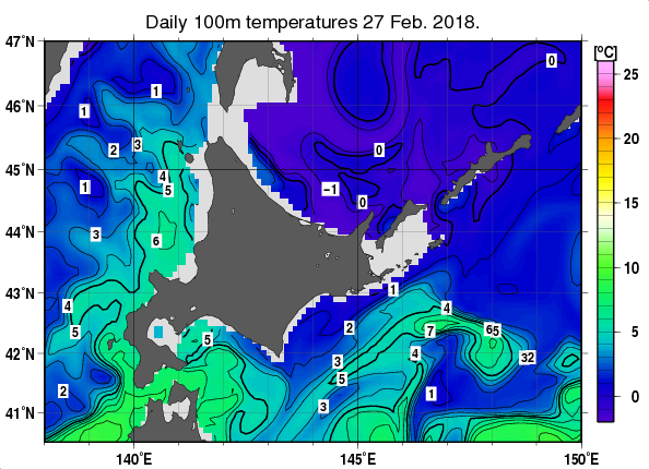 北海道周辺海域の深さ100mの水温分布図（2月27日）