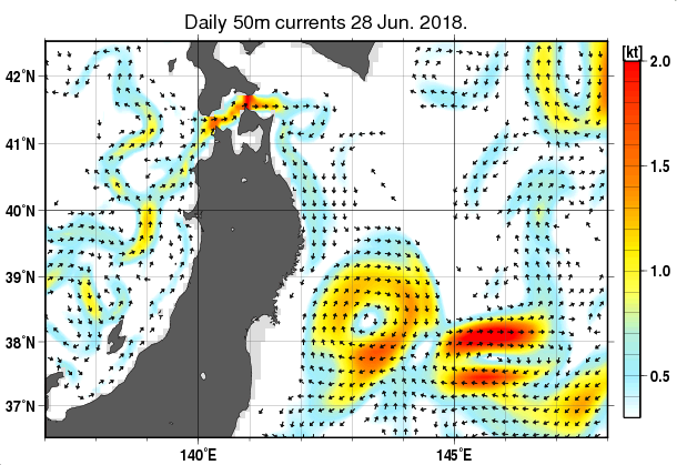 東北周辺海域の深さ50mの海流分布図（6月28日）