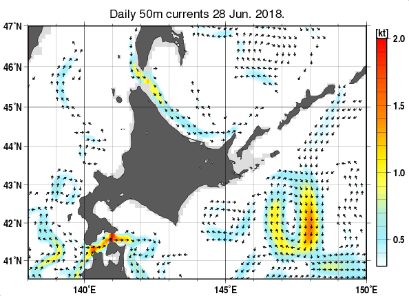 北海道周辺海域の深さ50mの海流分布図（6月28日）