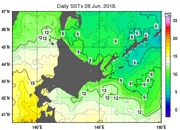 北海道周辺海域の海面水温分布図（6月28日）