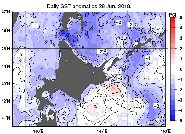 北海道周辺海域の海面水温平年差分布図（6月28日）