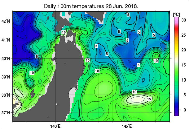 東北周辺海域の深さ100mの水温分布図（6月28日）