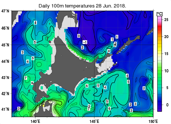 北海道周辺海域の深さ100mの水温分布図（6月28日）