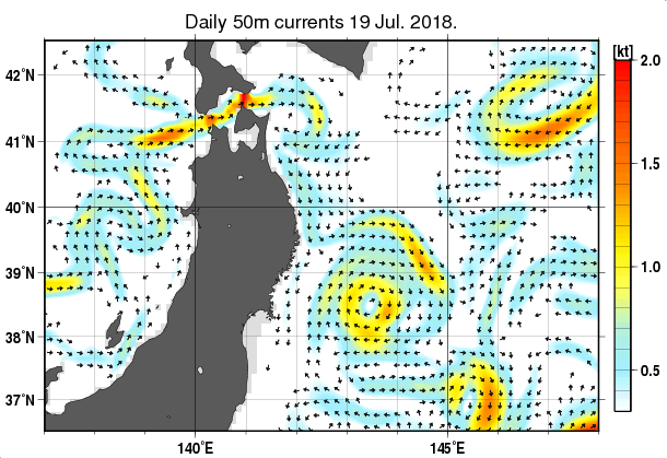 東北周辺海域の深さ50mの海流分布図（7月19日）