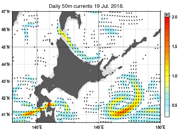 北海道周辺海域の深さ50mの海流分布図（7月19日）