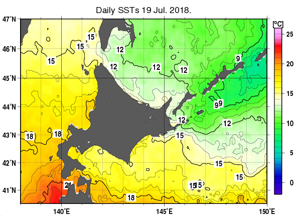 北海道周辺海域の海面水温分布図（7月19日）