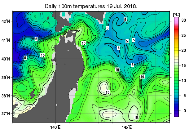東北周辺海域の深さ100mの水温分布図（7月19日）