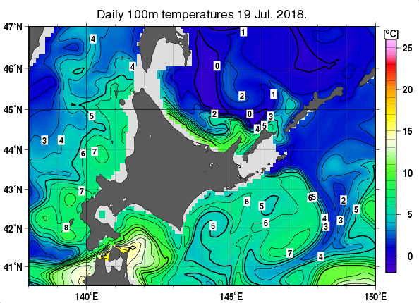 北海道周辺海域の深さ100mの水温分布図（7月19日）