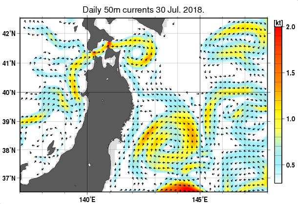 東北周辺海域の深さ50mの海流分布図（7月30日）