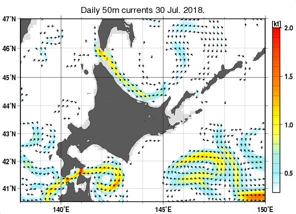 北海道周辺海域の深さ50mの海流分布図（7月30日）