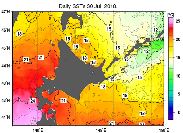 北海道周辺海域の海面水温分布図（7月30日）