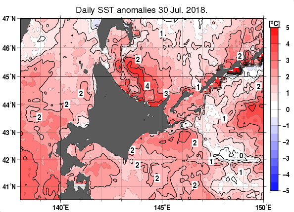北海道周辺海域の海面水温平年差分布図（7月30日）