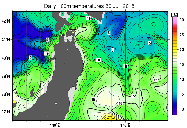 東北周辺海域の深さ100mの水温分布図（7月30日）