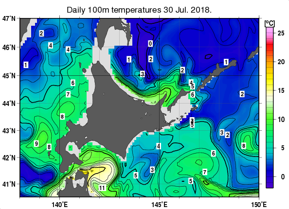 北海道周辺海域の深さ100mの水温分布図（7月30日）