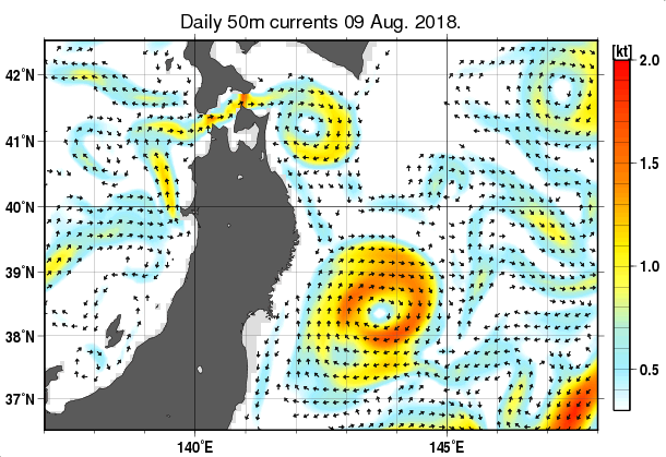 東北周辺海域の深さ50mの海流分布図（8月9日）