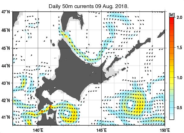 北海道周辺海域の深さ50mの海流分布図（8月9日）