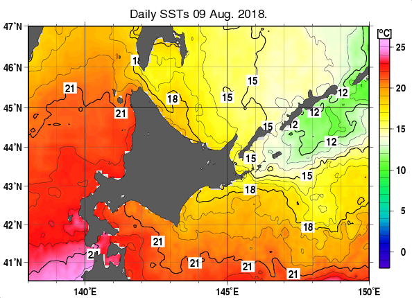 北海道周辺海域の海面水温分布図（8月9日）