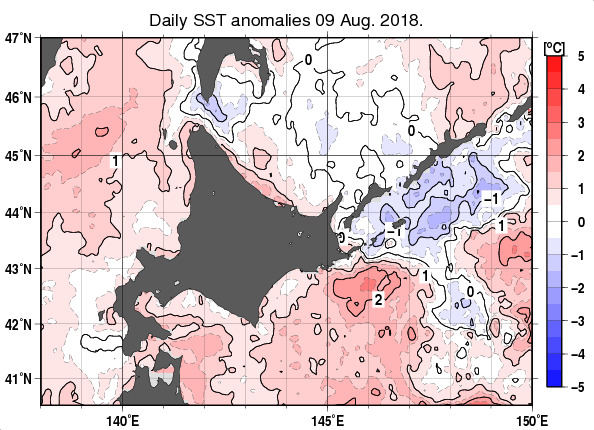 北海道周辺海域の海面水温平年差分布図（8月9日）