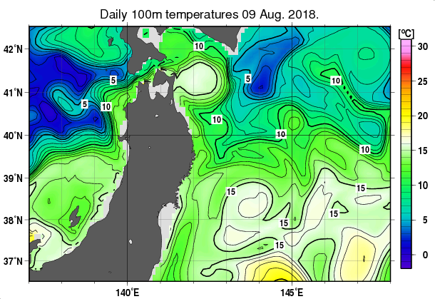 東北周辺海域の深さ100mの水温分布図（8月9日）