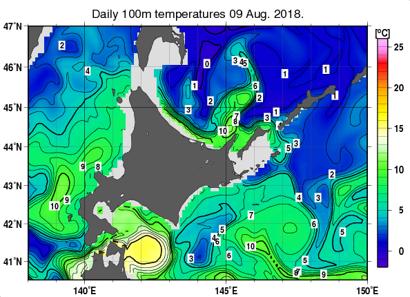 北海道周辺海域の深さ100mの水温分布図（8月9日）
