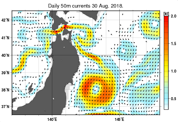 東北周辺海域の深さ50mの海流分布図（8月30日）