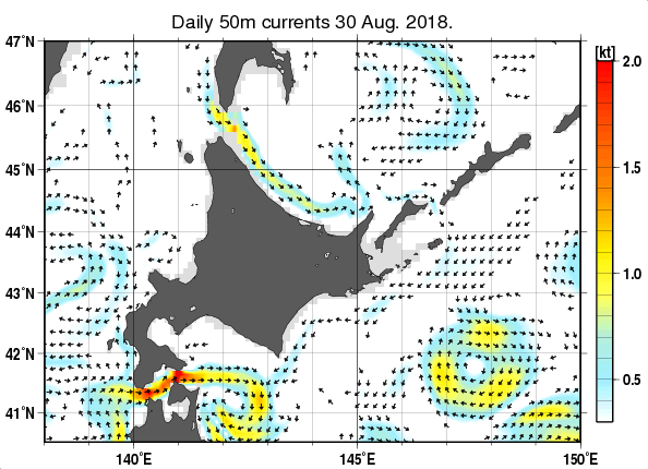 北海道周辺海域の深さ50mの海流分布図（8月30日）
