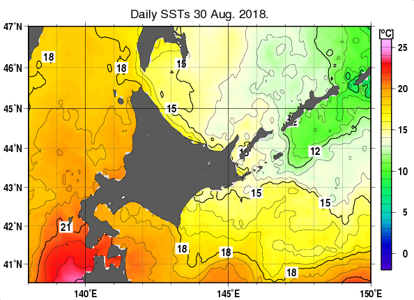 北海道周辺海域の海面水温分布図（8月30日）