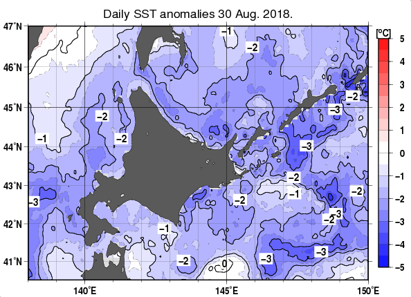 北海道周辺海域の海面水温平年差分布図（8月30日）