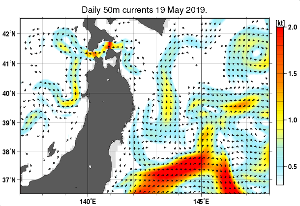 東北周辺海域の深さ50mの海流分布図（5月19日）