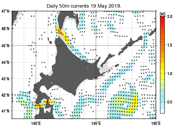 北海道周辺海域の深さ50mの海流分布図（5月19日）
