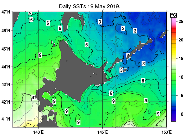 北海道周辺海域の海面水温分布図（5月19日）