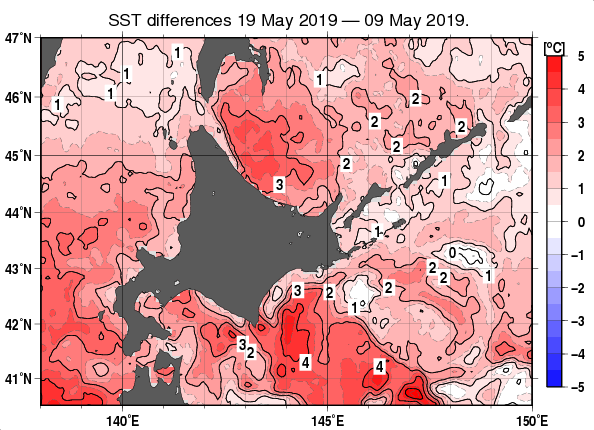 北海道周辺海域の10日間の海面水温変化量分布図（5月19日）