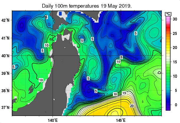 東北周辺海域の深さ100mの水温分布図（5月19日）