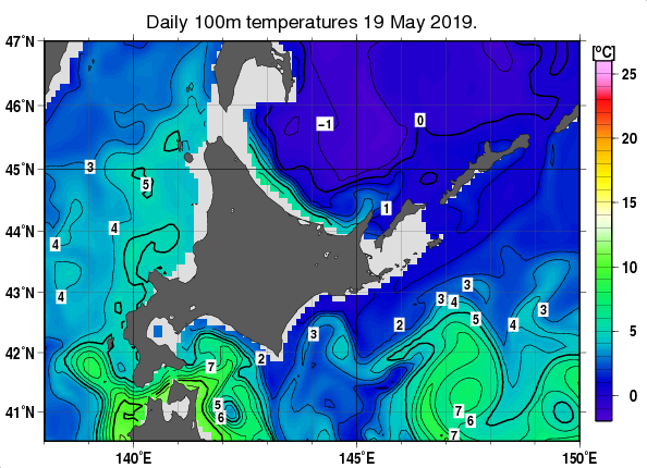 北海道周辺海域の深さ100mの水温分布図（5月19日）