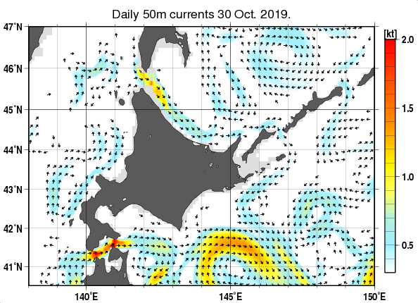 北海道周辺海域の深さ50mの海流分布図（10月30日）