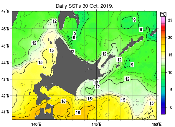 北海道周辺海域の海面水温分布図（10月30日）