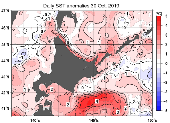 北海道周辺海域の海面水温平年差分布図（10月30日）