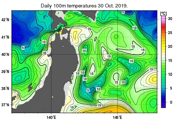 東北周辺海域の深さ100mの水温分布図（10月30日）