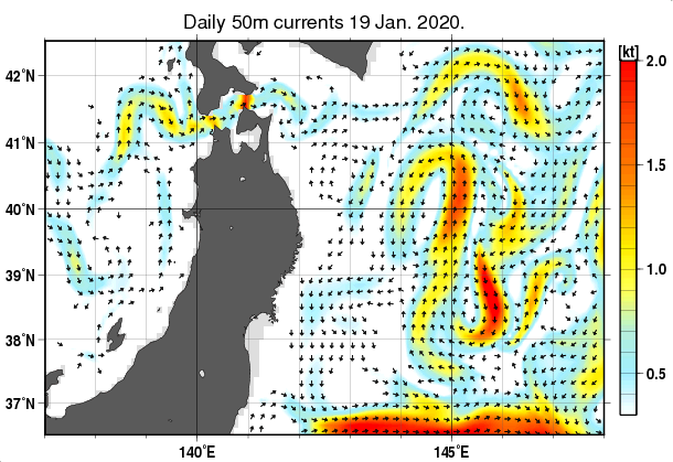 東北周辺海域の深さ50mの海流分布図（1月19日）
