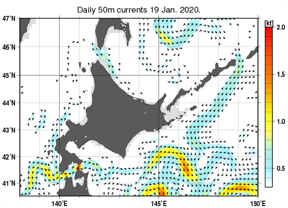北海道周辺海域の深さ50mの海流分布図（1月19日）