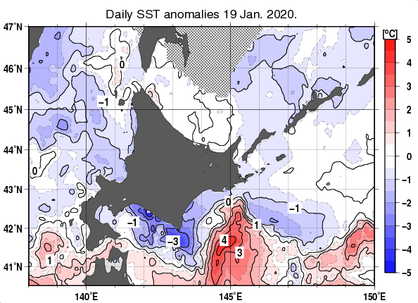 北海道周辺海域の海面水温平年差分布図（1月19日）