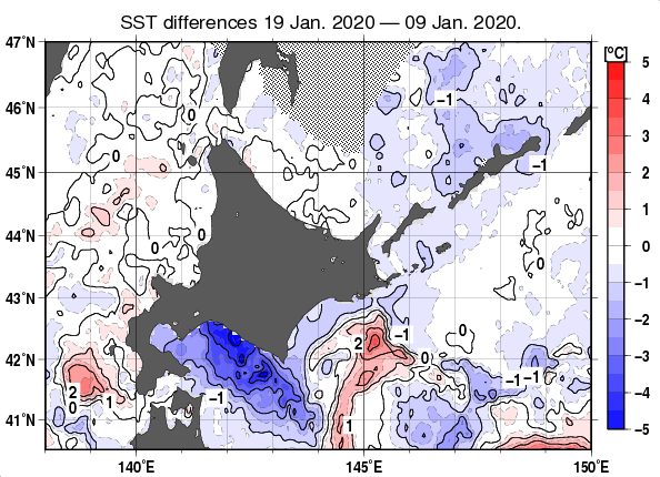 北海道周辺海域の10日間の海面水温変化量分布図（1月19日）