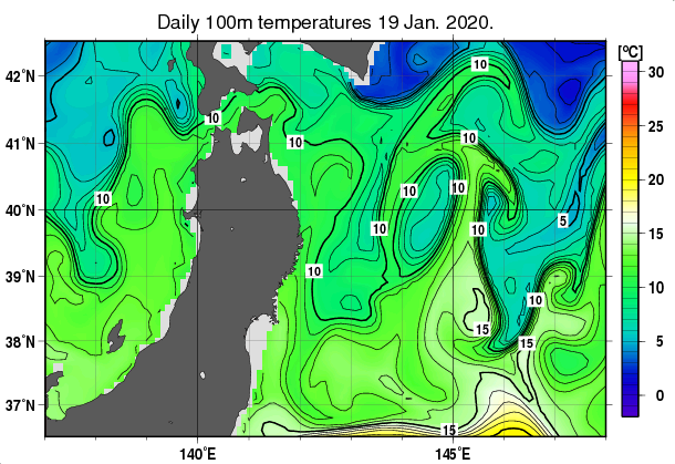 東北周辺海域の深さ100mの水温分布図（1月19日）