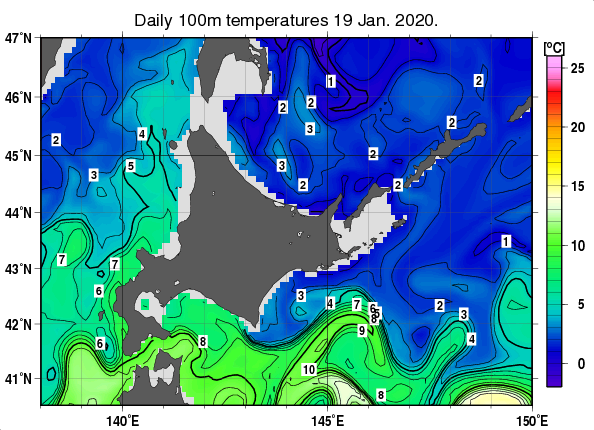 北海道周辺海域の深さ100mの水温分布図（1月19日）