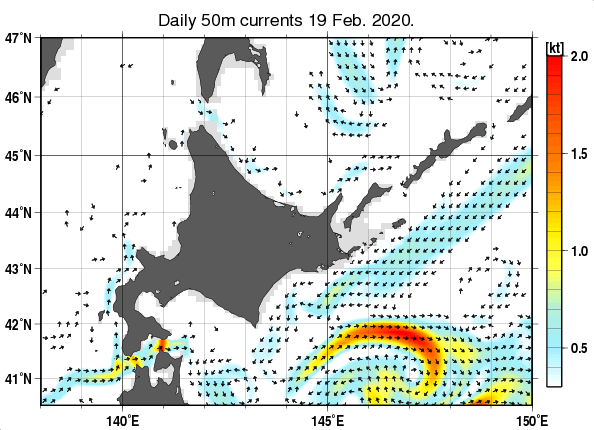 北海道周辺海域の深さ50mの海流分布図（2月19日）