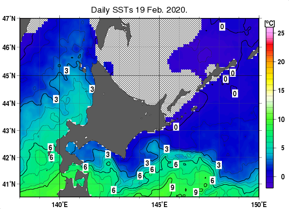 北海道周辺海域の海面水温分布図（2月19日）