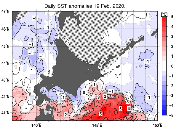 北海道周辺海域の海面水温平年差分布図（2月19日）