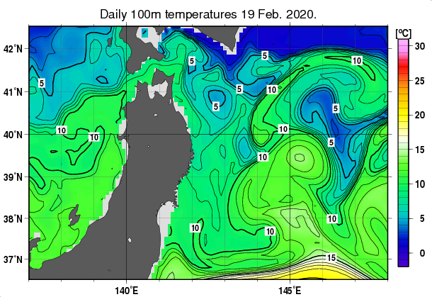 東北周辺海域の深さ100mの水温分布図（2月19日）